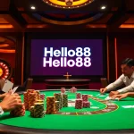 Engage with Hello88 at a vibrant poker table, capturing the essence of exciting casino gameplay.