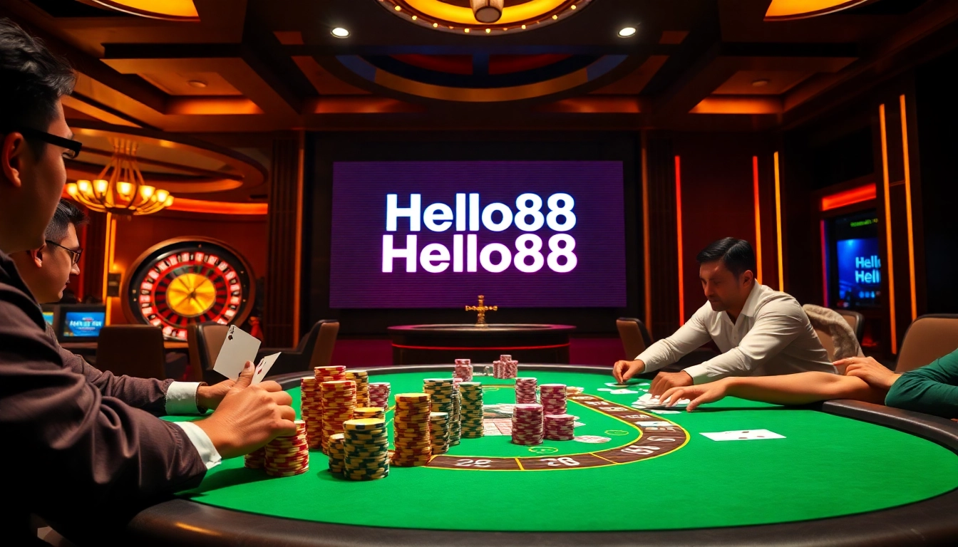 Engage with Hello88 at a vibrant poker table, capturing the essence of exciting casino gameplay.