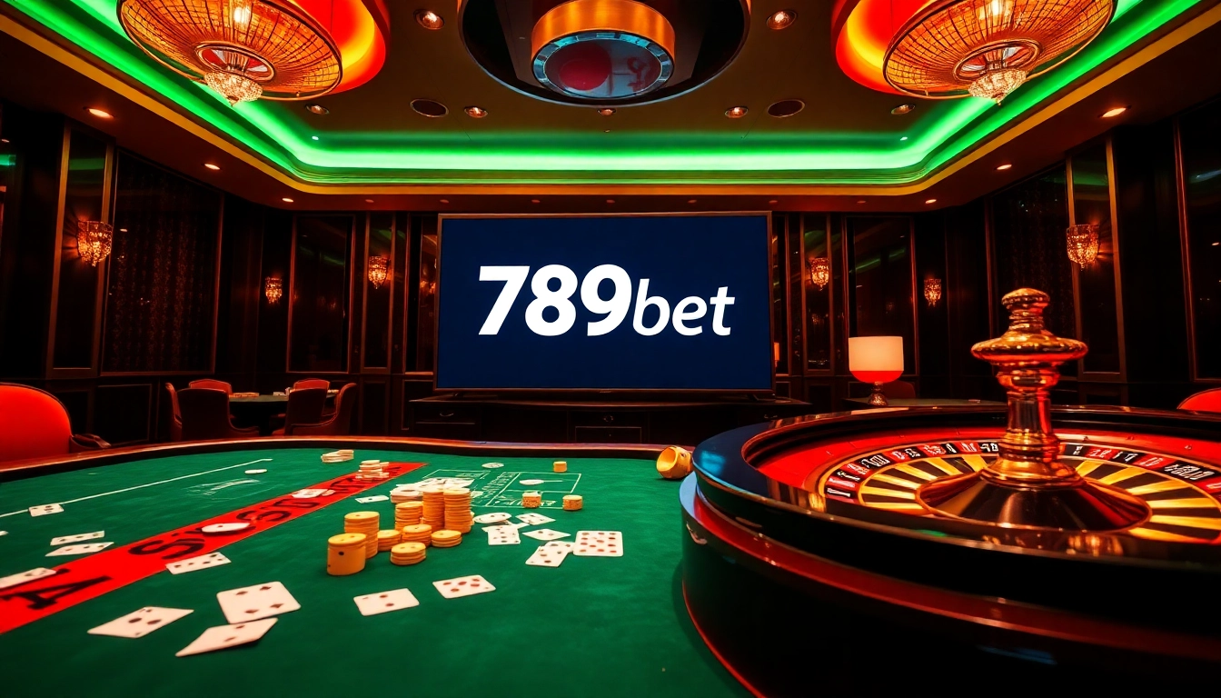 Gambling enthusiasts enjoying a vibrant casino atmosphere at 789bet, featuring poker tables and roulette wheels.