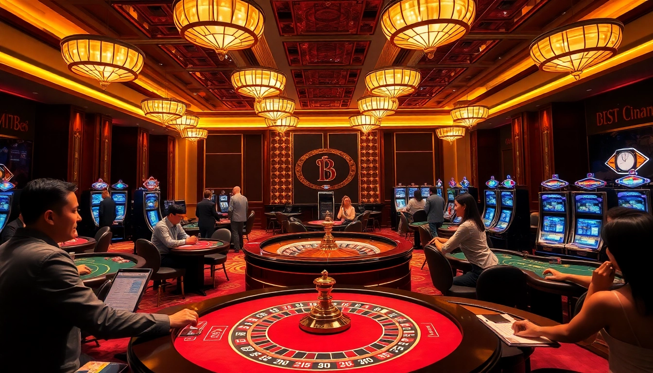 Excited players enjoying a game at MM88 casino with roulette tables and slot machines.