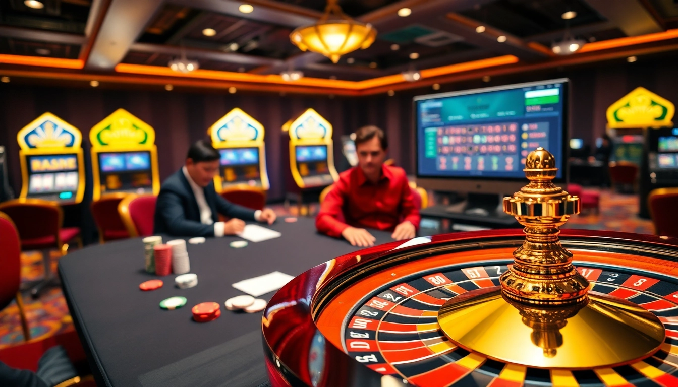 Exciting online gambling scene at nhà cái xx88 with poker players and roulette wheel.