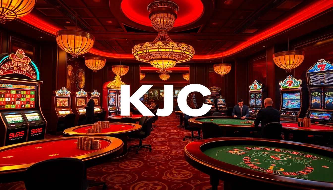 KJC casino scene featuring elegant tables, vibrant slot machines, and excited players.