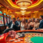 Excited players enjoying vibrant 슬롯사이트 games at a luxurious casino scene.