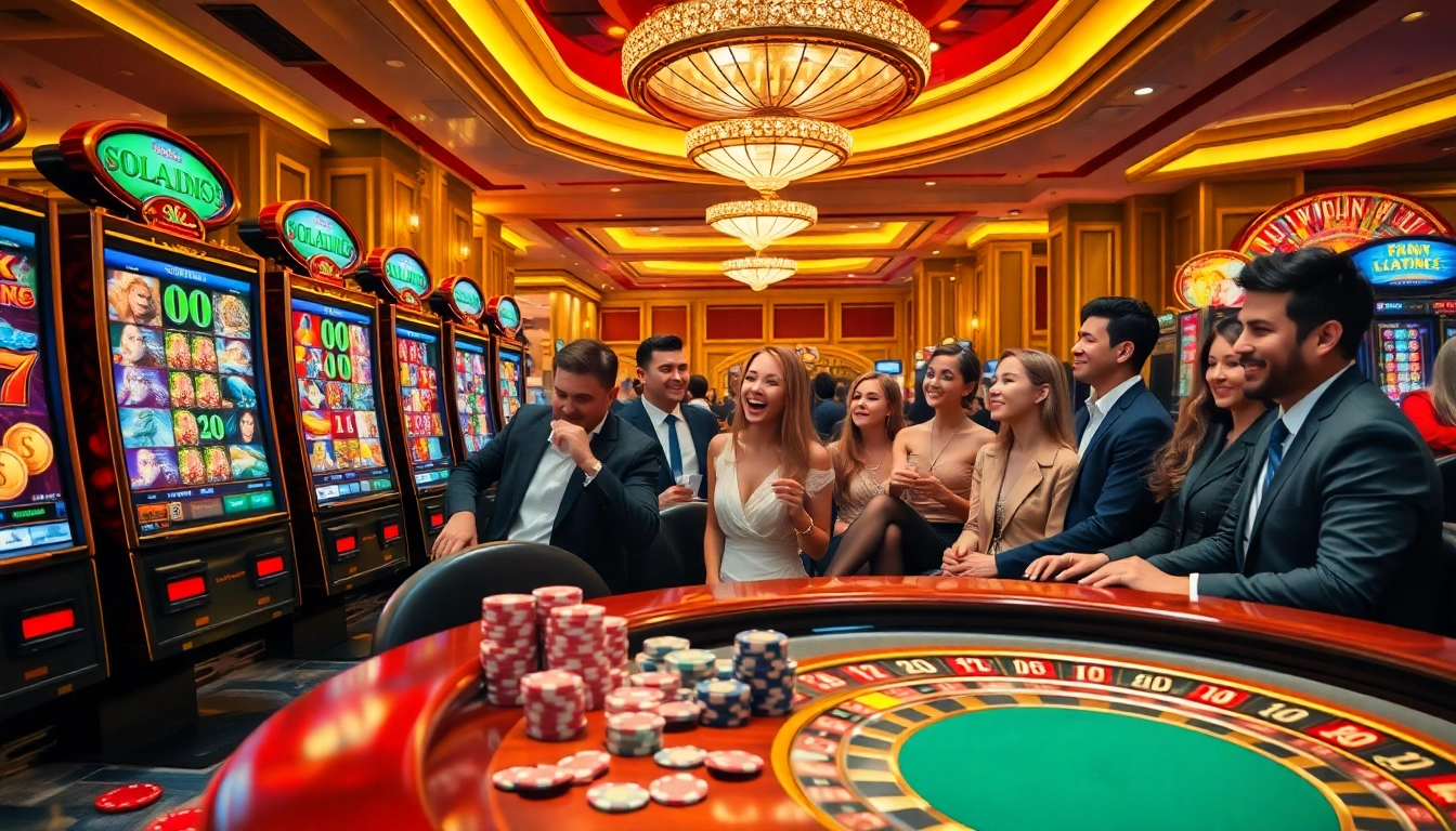 Excited players enjoying vibrant 슬롯사이트 games at a luxurious casino scene.