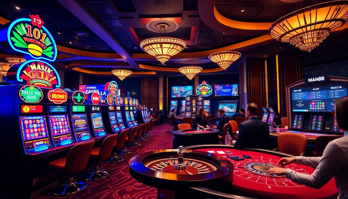 Exciting gambling action at Man88 with vibrant slot machines and poker tables.