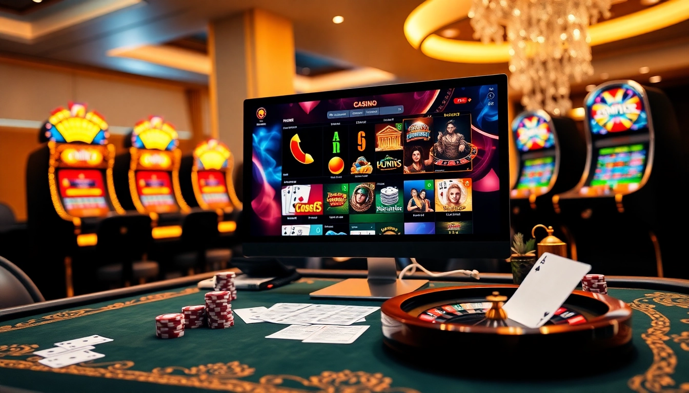 Engaging scene featuring the 登陆 bombwin online casino interface with vibrant poker chips and slot machines.