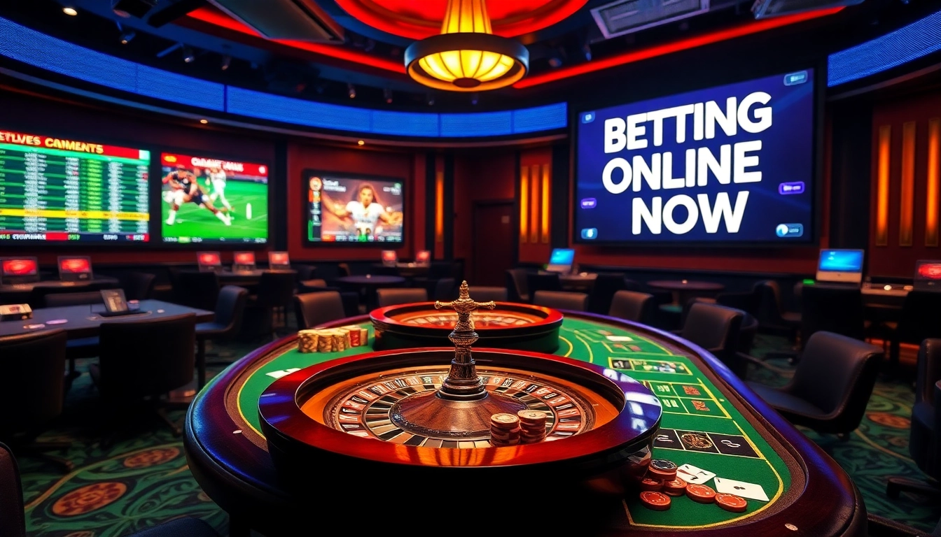 Betting Online Now featuring vibrant casino tables and live sports betting odds displaying excitement and luxury.