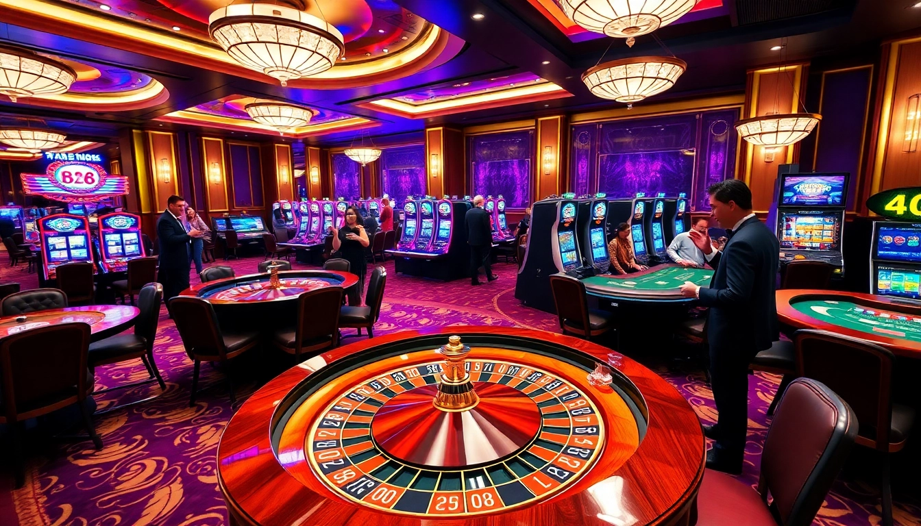 BK8 gaming area showcasing vibrant casino tables, slots, and players celebrating wins.