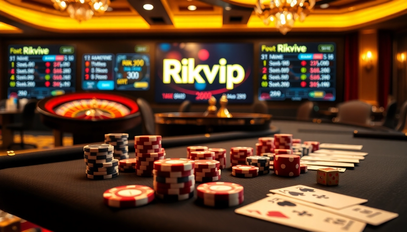 Players enjoy a thrilling game at Rikvip casino, surrounded by poker chips and a roulette wheel.
