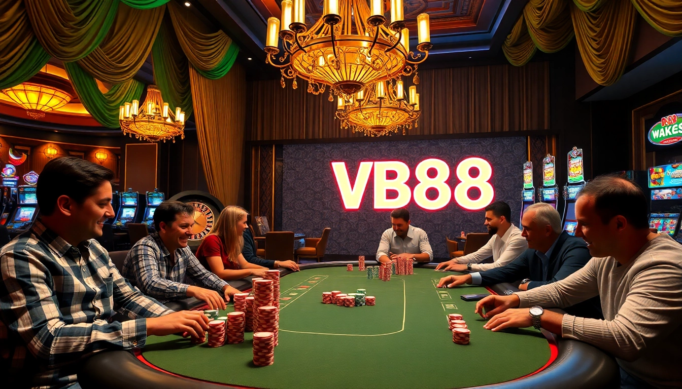 Gamblers at a VB88-themed poker table enjoy high-stakes excitement in a lush casino setting.