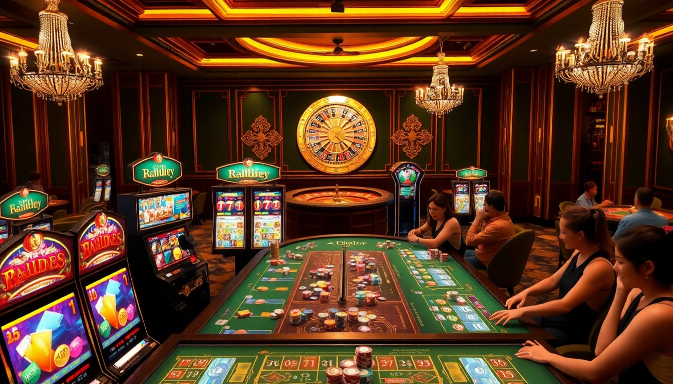 Excited players engaging at an IDNslot gaming table in a vibrant casino atmosphere.