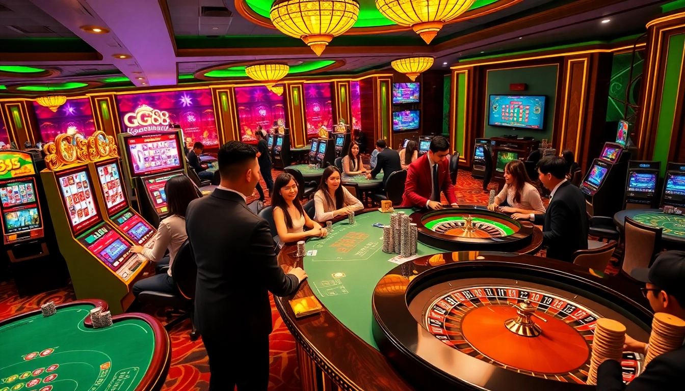 Experience the thrill of GG88 with lively gaming tables and vibrant slot machines in this dynamic casino scene.