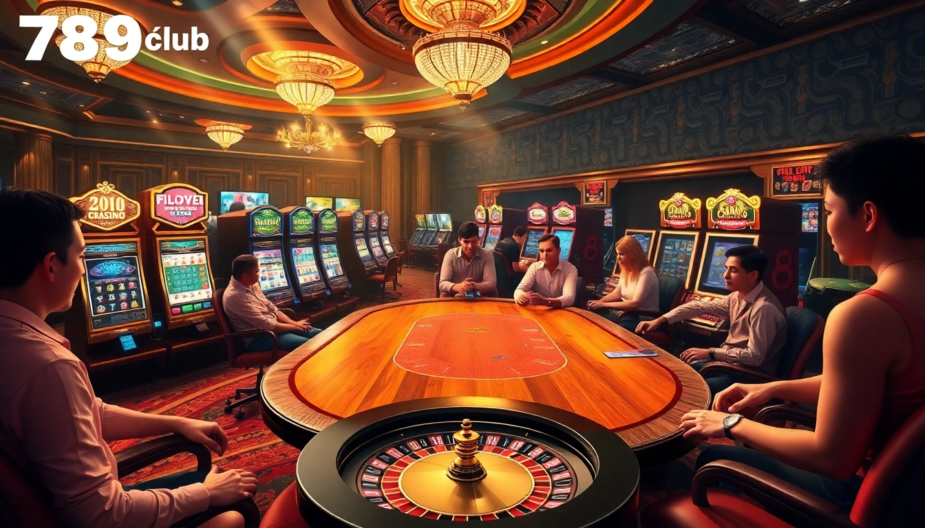 Engaging gamblers at Trang chủ 789club, with vibrant online gaming tables and colorful slot machines.