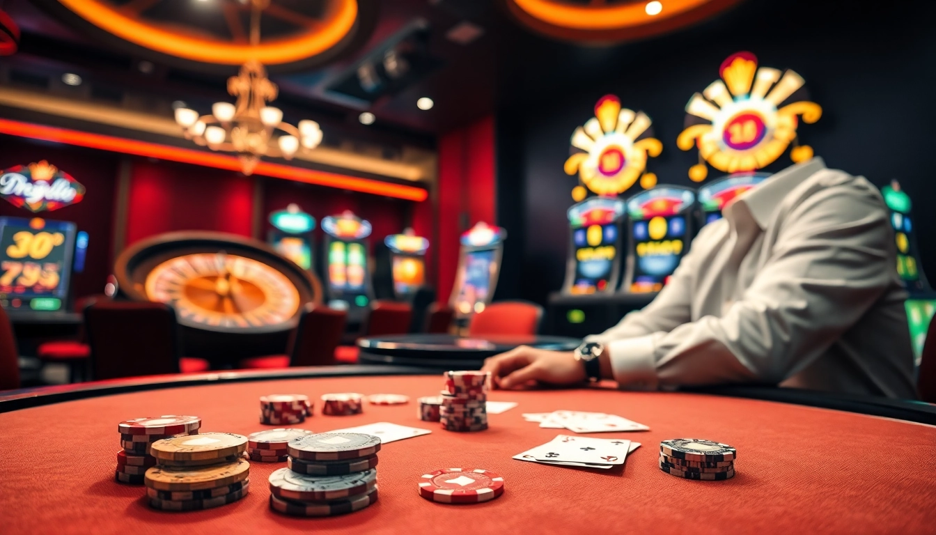 Experience the thrill of trang dr88 as players engage at a luxurious casino table, surrounded by vibrant gambling elements.