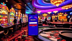 Experience excitement at Đăng nhập bomwin with a luxurious casino interface filled with slot machines and gaming tables.