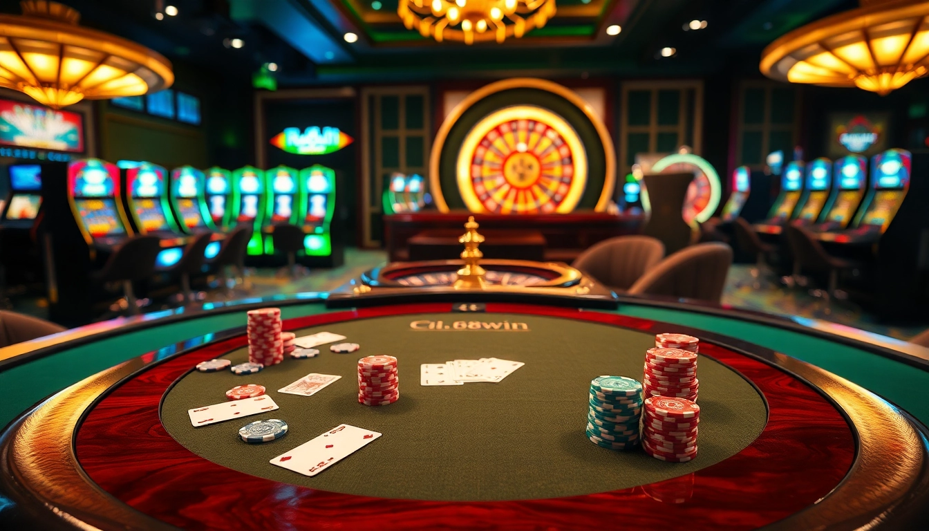 Experience the thrill of gaming with 68win at a luxurious casino table filled with poker chips and cards.