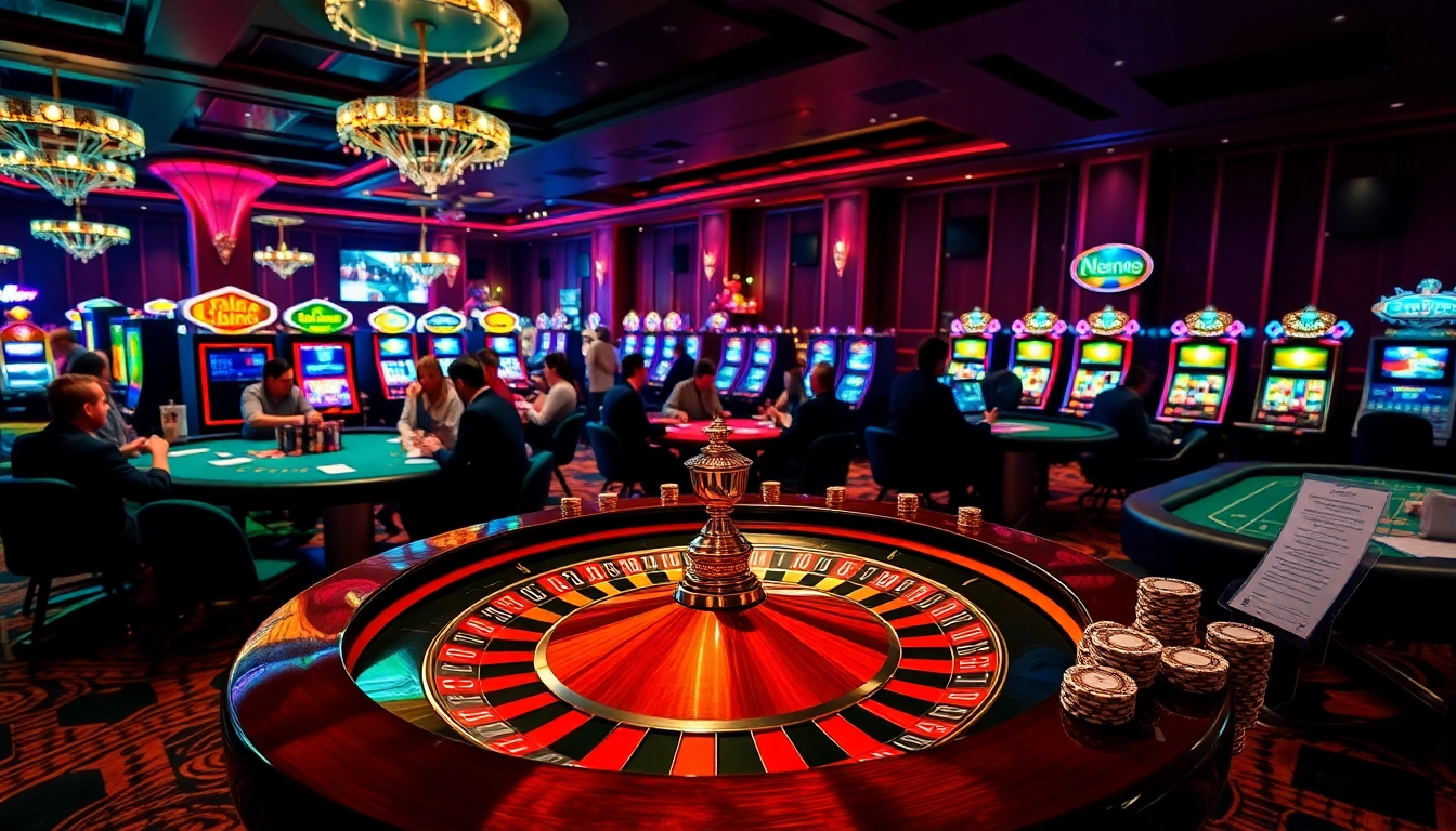 Exciting casino scene highlighting MB66's vibrant gaming atmosphere with poker tables, roulette wheel, and slot machines.