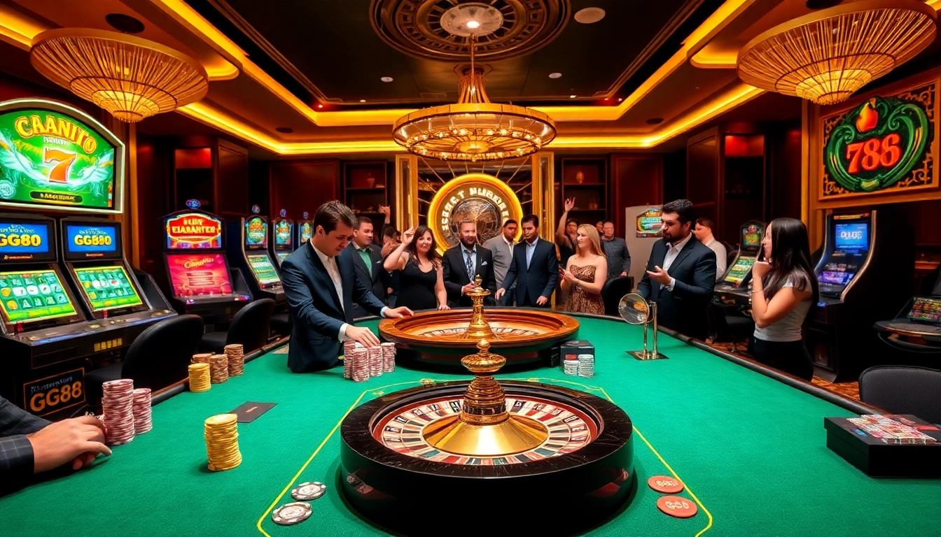 GG88 gaming table with colorful poker chips and excited players at a luxurious casino.