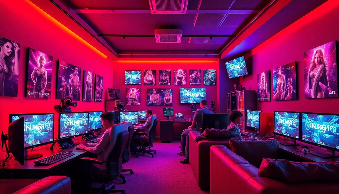 Dynamic gaming room showcasing players enjoying a sex game with ambient lighting and modern decor.