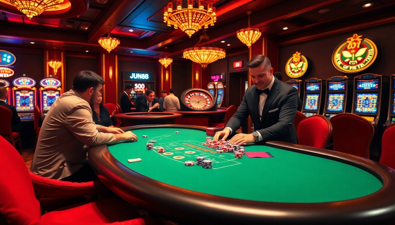 Engaging casino experience at jun88 com featuring players at blackjack and roulette tables.