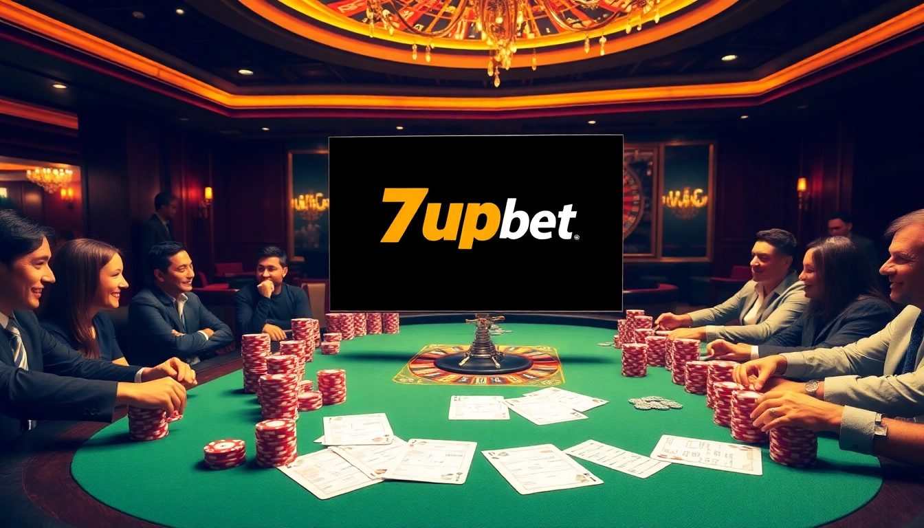 Engaged players enjoying a poker game at 7upbet casino, showcasing vibrant chips and a roulette wheel.
