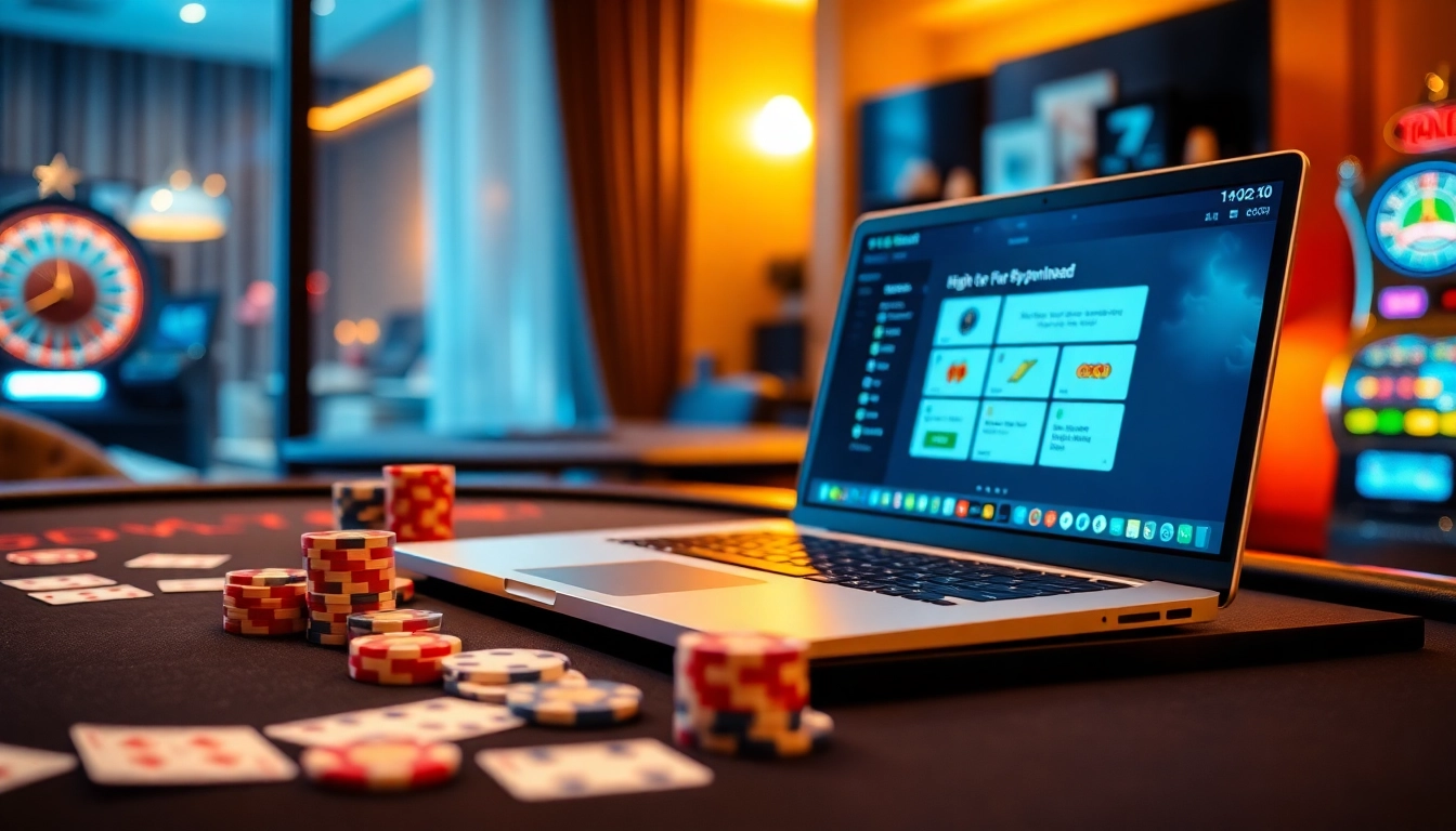 Experience the thrill of gambling with a professional 7xl download setup featuring poker chips and a sleek laptop.