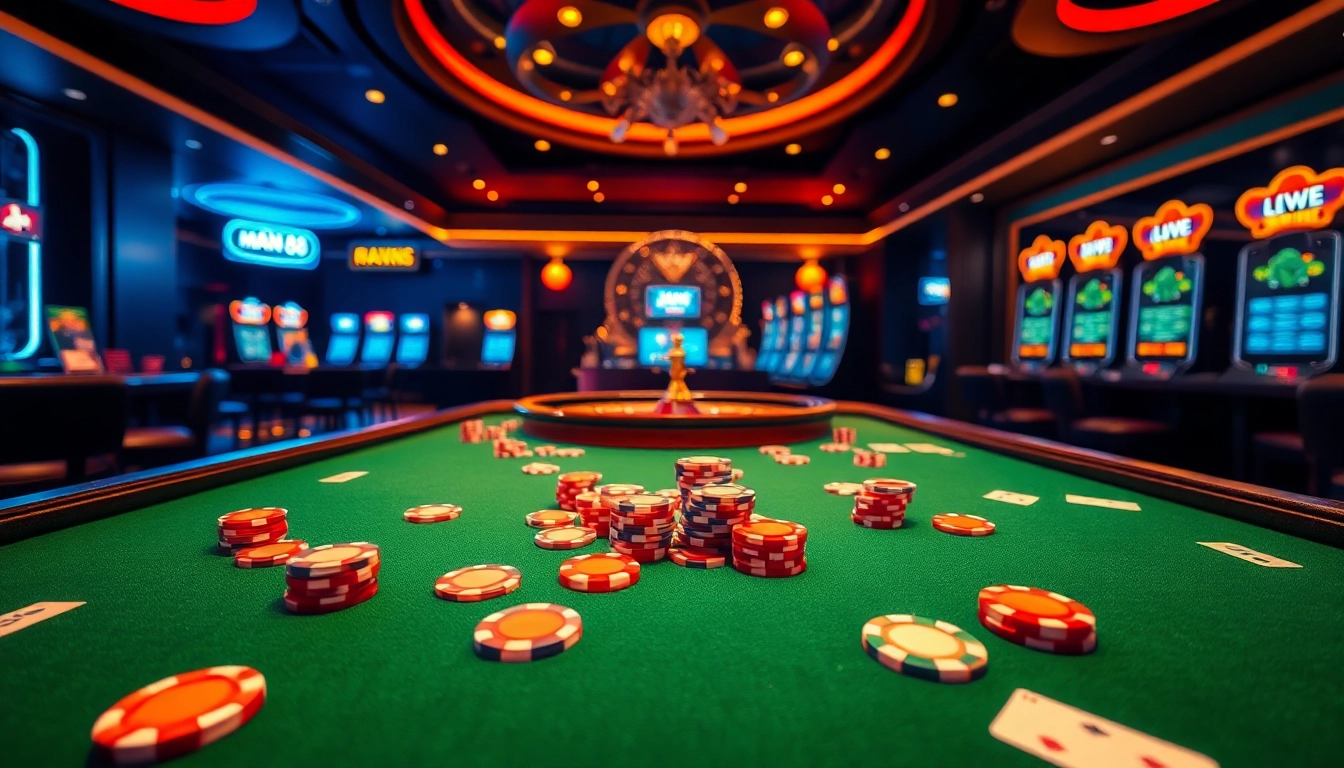 Man88 casino interface featuring a poker table and vibrant poker chips for high-stakes excitement.