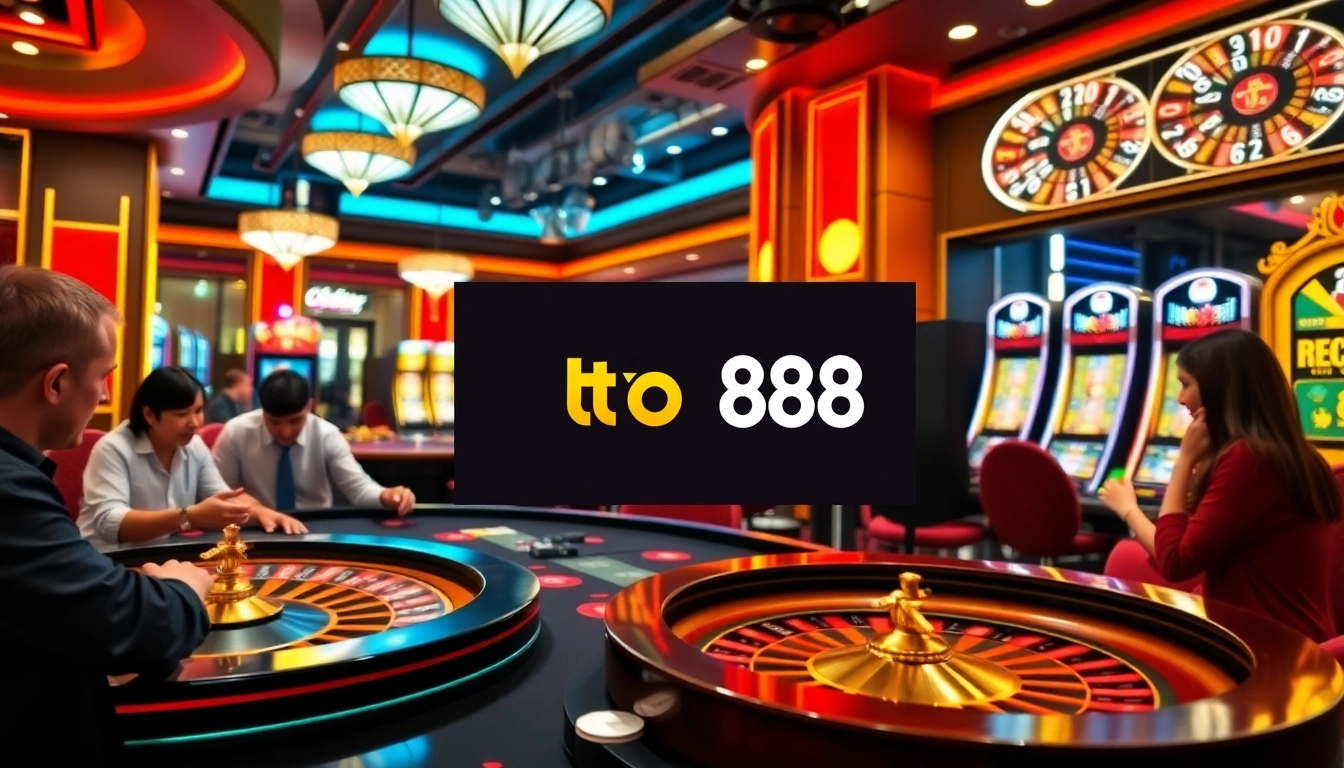 Exciting gaming atmosphere featuring tải go88 logo amidst roulette and slot machines