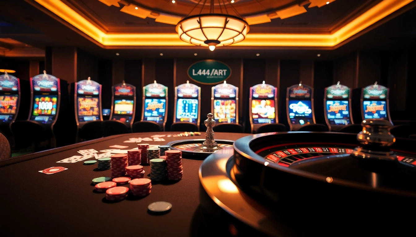 Players enjoying an exciting game at https://l444.art/ casino, showcasing poker chips and vibrant slot machines.