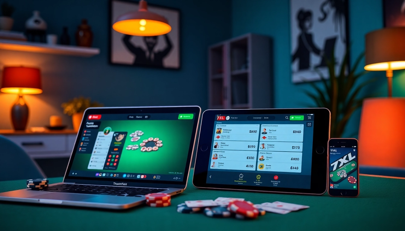 סצנת הורדת 7XL המציגה את אפליקציית הפוקר על מכשירים מודרניים, עם צבעים חיים ואווירה מרתקת.
