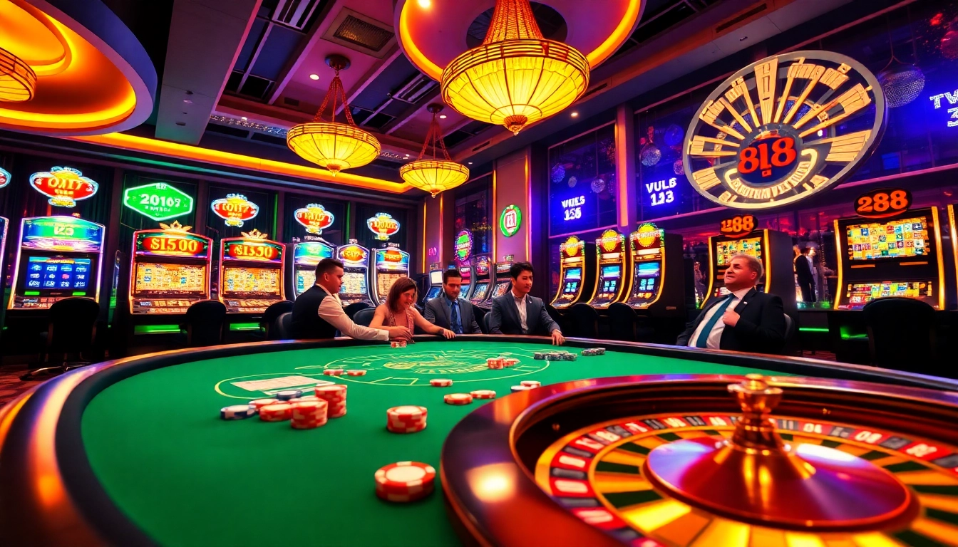 Players engaged at a luxury casino table showcasing UU 88-themed gambling excitement with cards and chips.