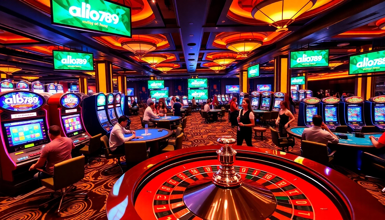 A casino scene with enthusiastic players engaging in games at alo789, featuring slot machines and a roulette wheel.