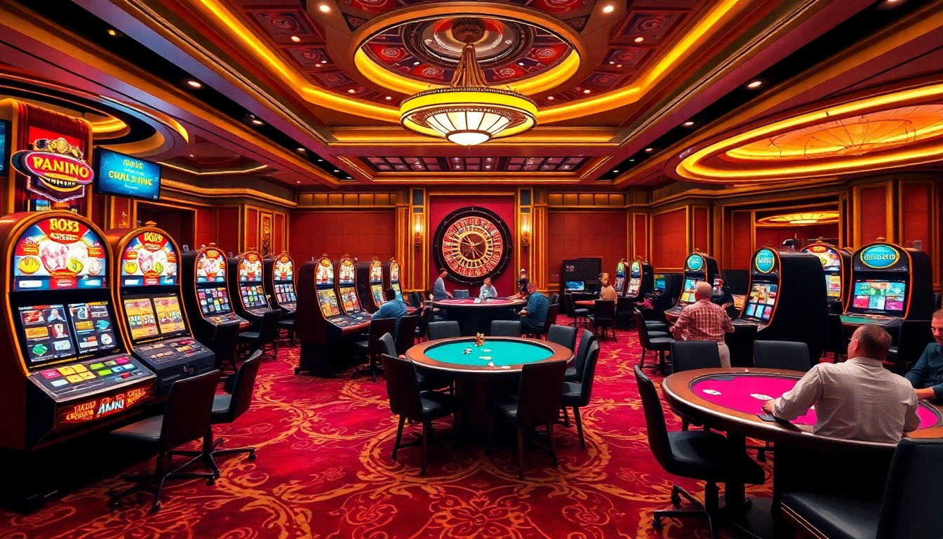 Experience the thrill of gambling at Man88 with vibrant casino visuals featuring poker and slot machines.