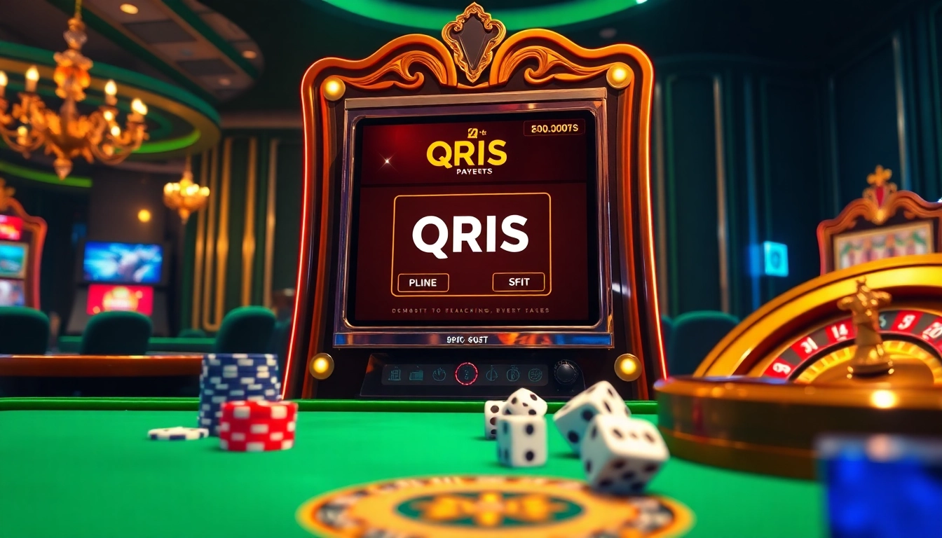 Exciting slot qris scene with a luxurious slot machine and QRIS payment interface in a vibrant casino.