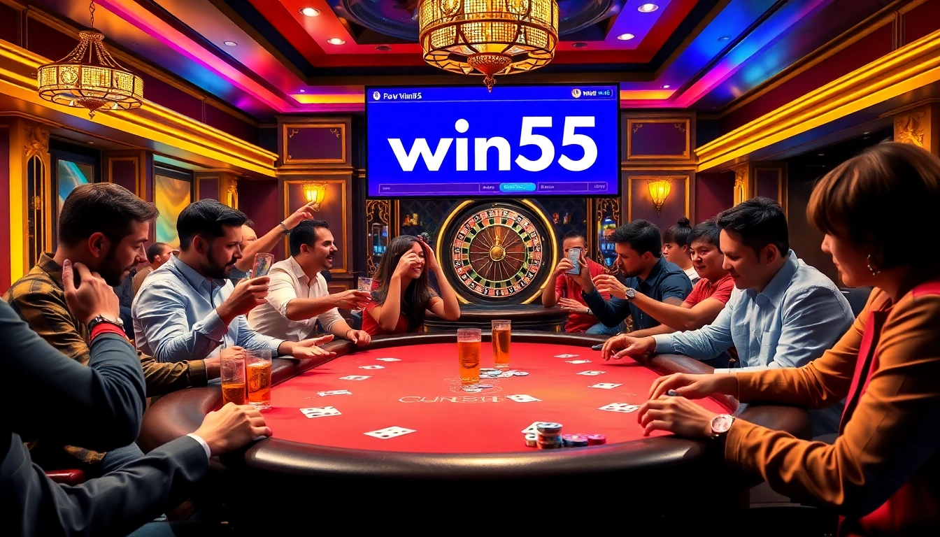 Players engaging at a high-stakes poker table with a win55 display in a luxurious casino setting.