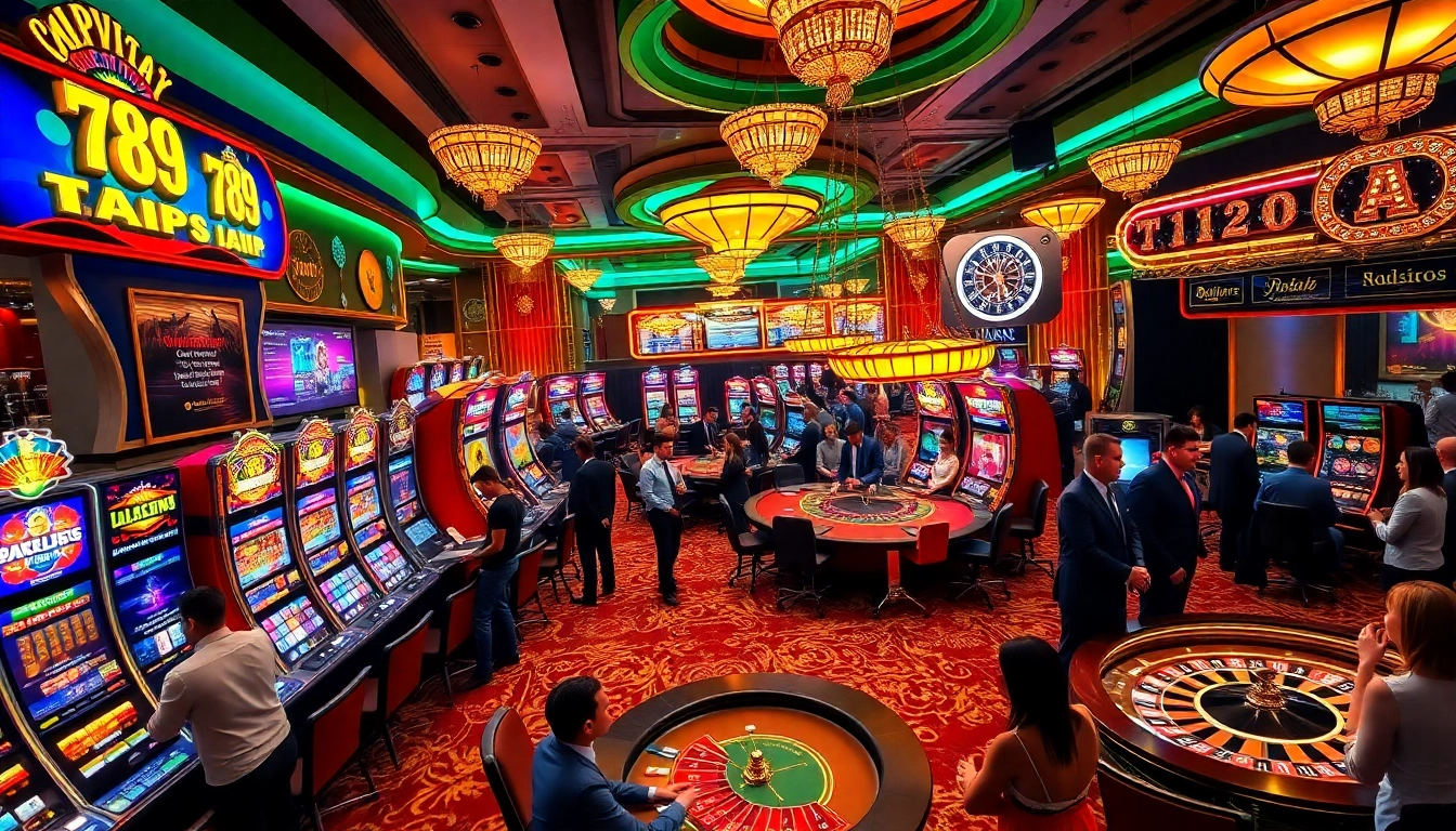 Experience the excitement of 789p with players at glamorous casino tables and vibrant slot machines.