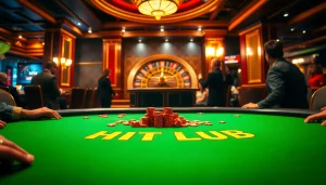 A lively poker scene showcasing the Hit Club experience with dramatic lighting and vibrant casino elements.