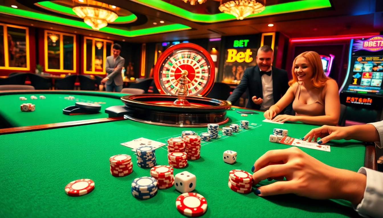 Experience the thrill of bet 88 with vibrant casino tables filled with poker chips, cards, and roulette wheels.