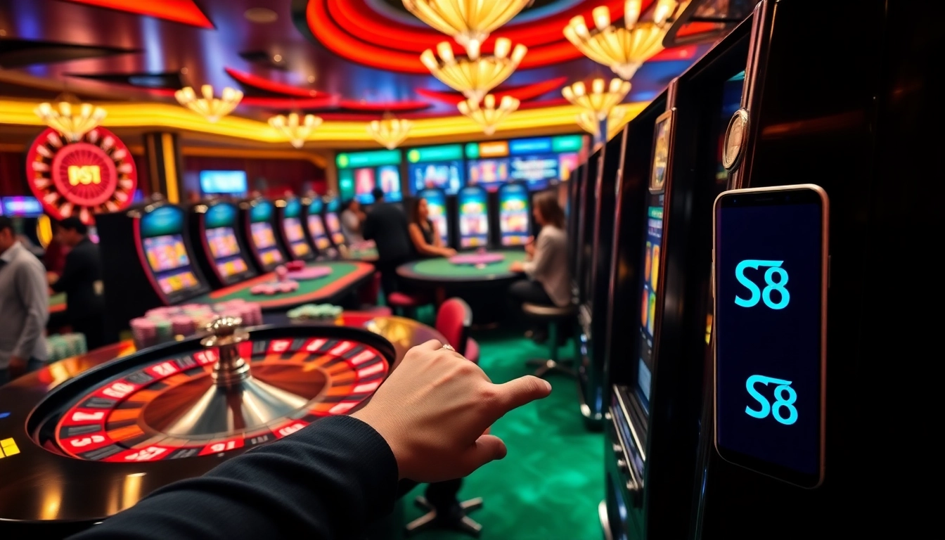 S8 casino player engaging with vibrant slot machines and roulette table in a luxurious casino.