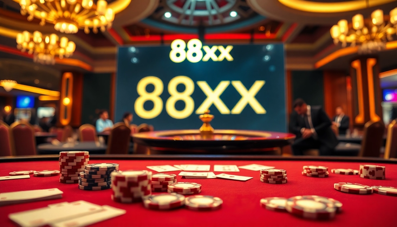 Experience thrilling gameplay at a casino featuring 88xx, elegant poker tables, and vibrant gaming elements.