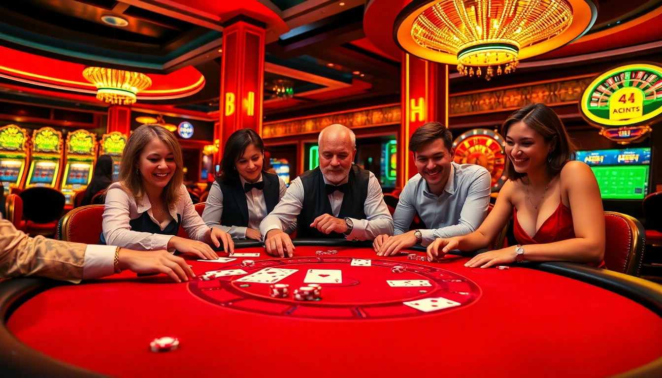 A vibrant casino Homepage featuring players at a blackjack table amidst colorful chips and glowing machines.
