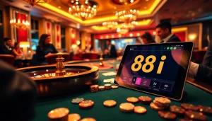Experience the thrill of gaming at 88i's luxurious casino, showcasing poker tables and roulette.