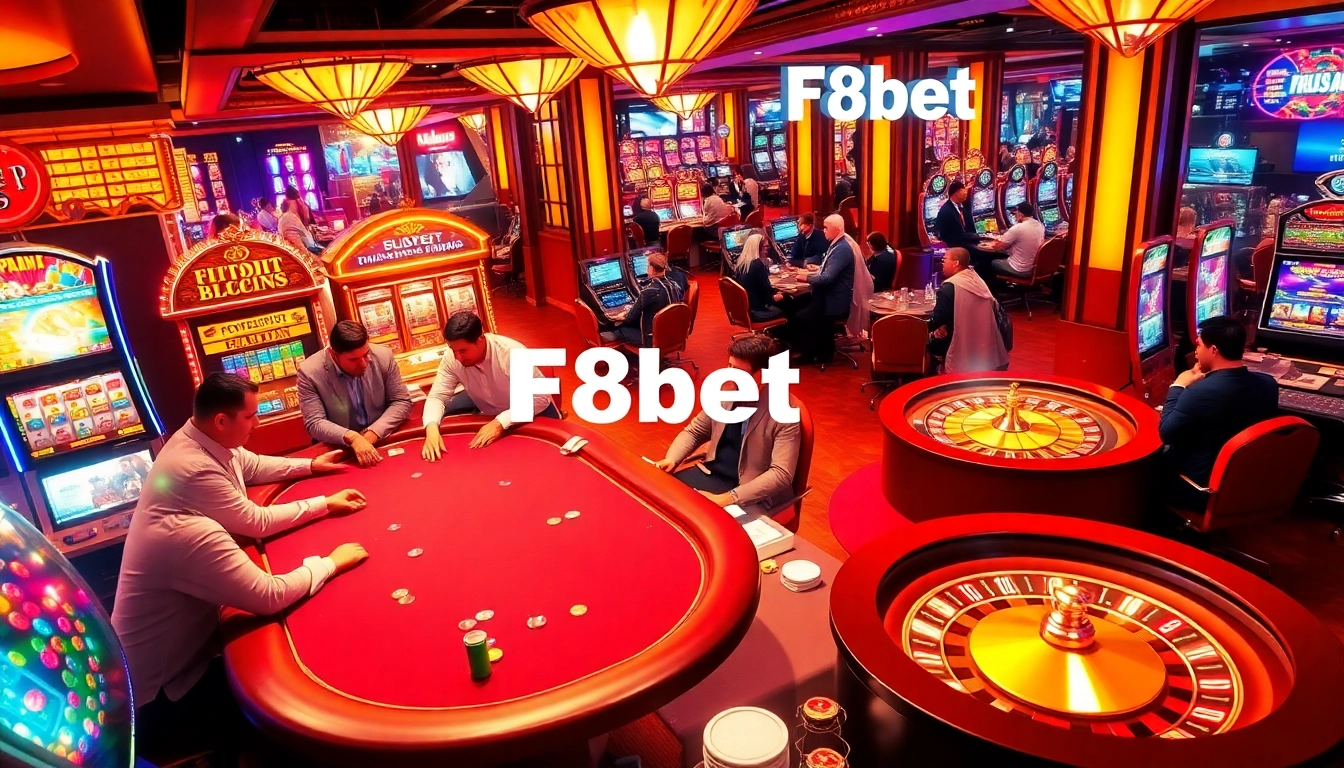 Experience the thrilling atmosphere at F8bet, featuring players at a poker table and vibrant slots.