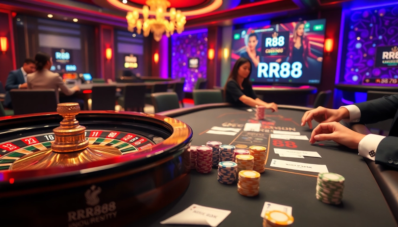 RR88 players enjoying an exciting casino scene at a poker table with vibrant stacks of chips.