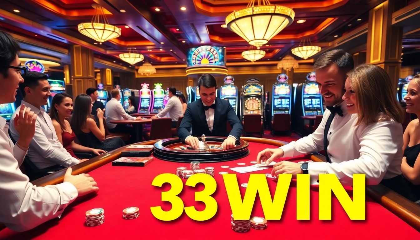 Players enjoying a live dealer game at 33WIN casino, with chips and cards showcasing excitement.