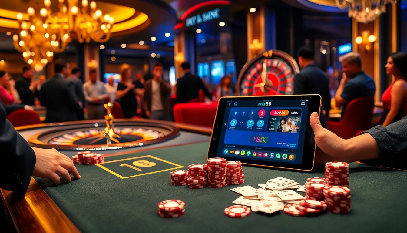 Excited players engaging in a lively casino scene featuring rr 88 poker chips and cards.