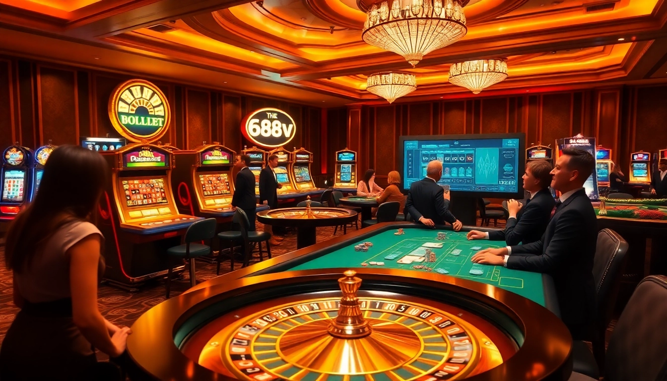 Players enjoying a thrilling game at 688v casino, surrounded by vibrant slot machines and poker tables.