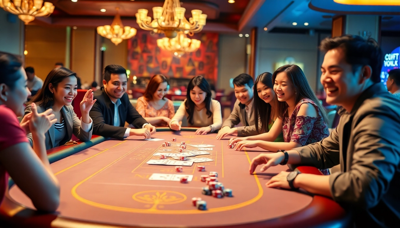 Xóc đĩa online players strategizing at a luxurious casino table filled with vibrant gambling elements.