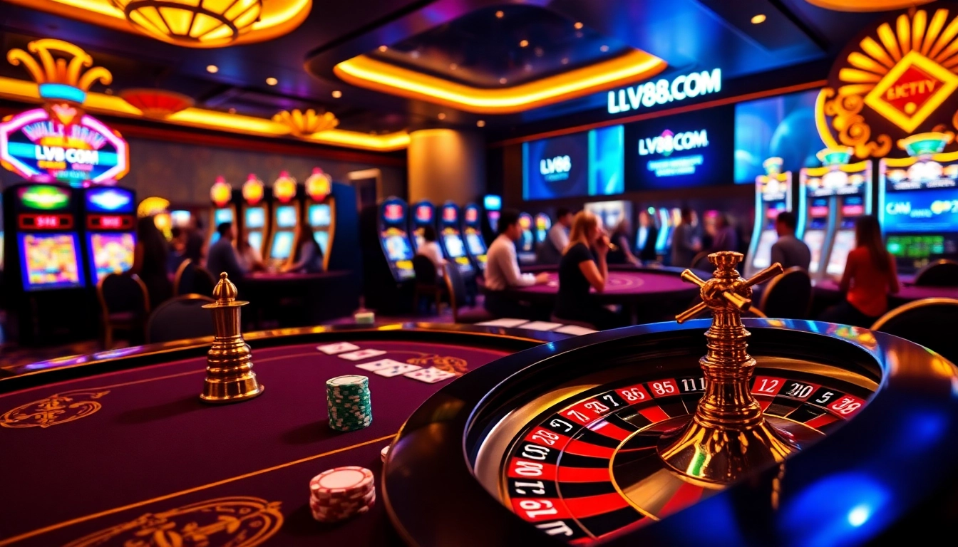 Players engaged at a luxurious LV88.COM casino table, showcasing excitement and vibrant gaming activities.