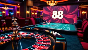 Experience the excitement of gambling with 88i at a luxurious casino table featuring poker chips and roulette wheels.